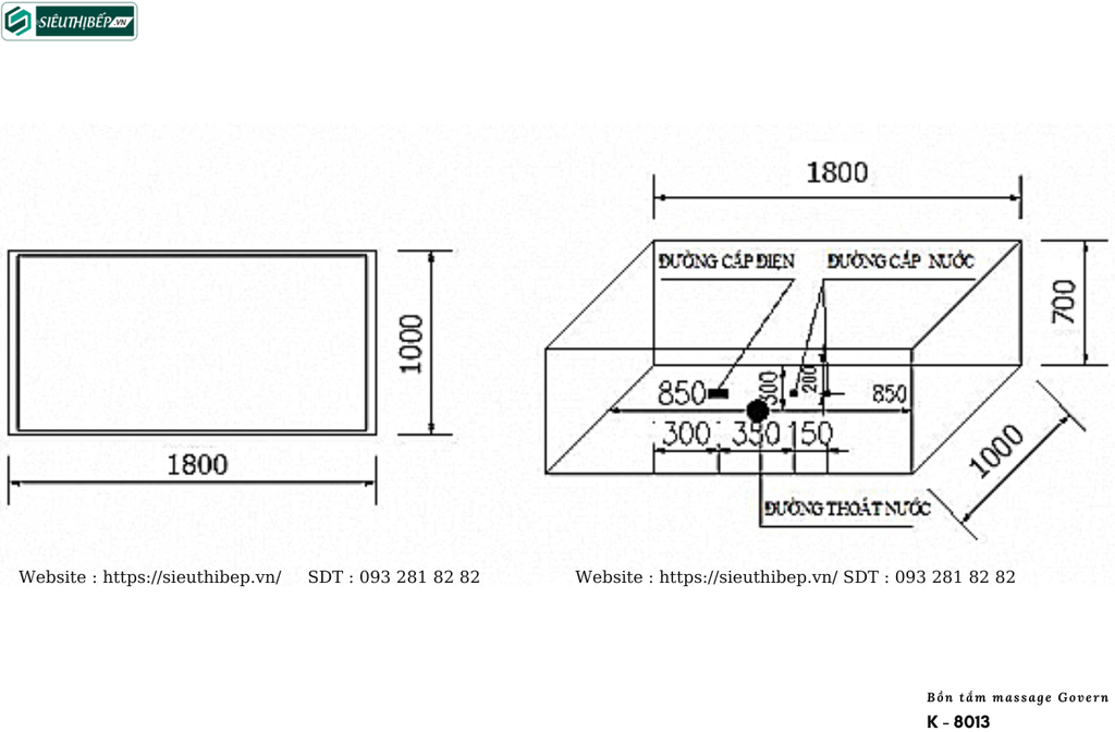 Bồn tắm massage Govern K - 8013 (Bồn tắm Massage, sục khí, đèn led)