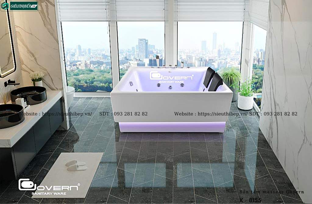 Bồn tắm massage Govern K - 8155 (Bồn tắm vuông massage, sục khí, đèn led)
