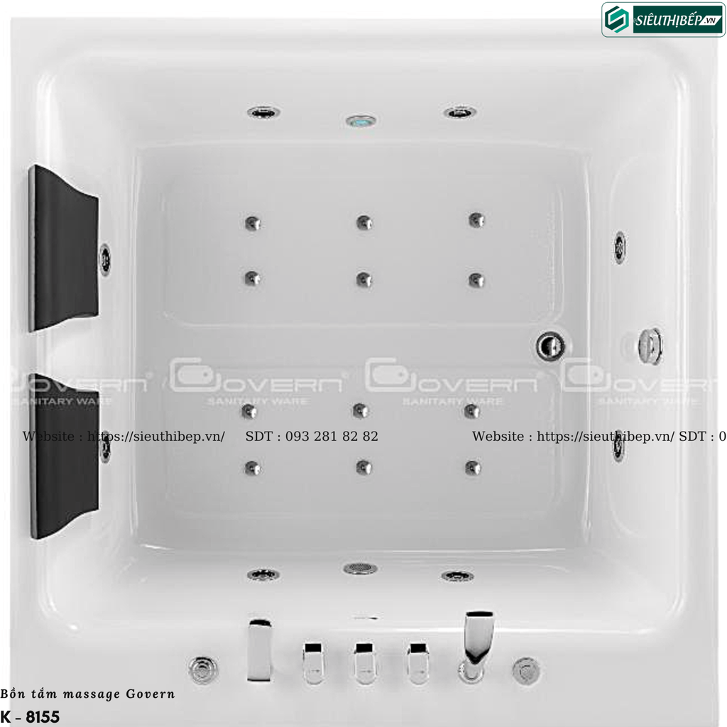 Bồn tắm massage Govern K - 8155 (Bồn tắm vuông massage, sục khí, đèn led)