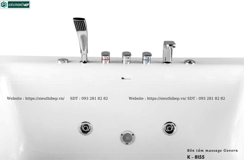 Bồn tắm massage Govern K - 8155 (Bồn tắm vuông massage, sục khí, đèn led)