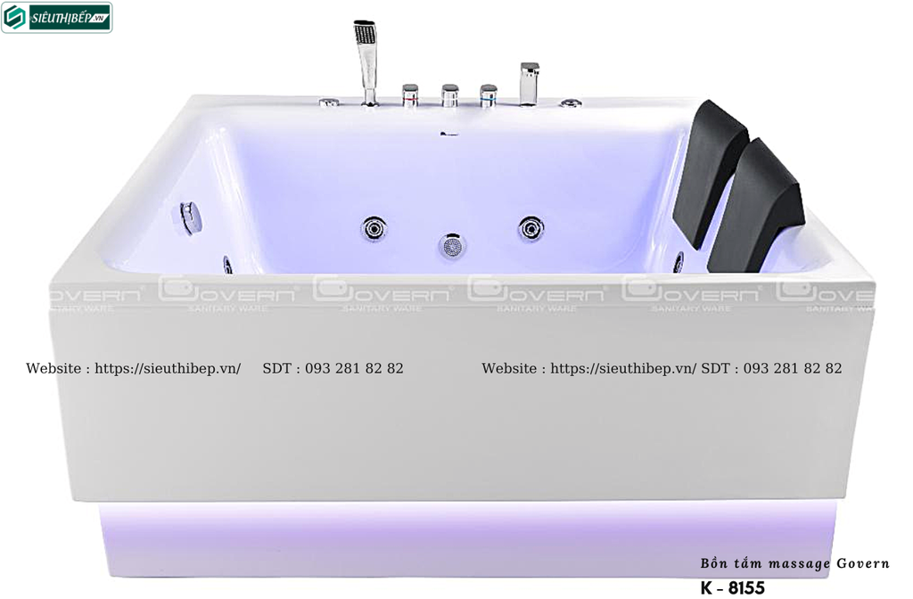 Bồn tắm massage Govern K - 8155 (Bồn tắm vuông massage, sục khí, đèn led)
