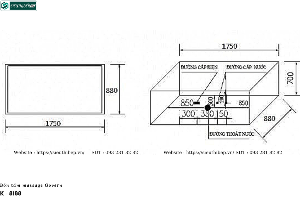 Bồn tắm massage Govern K - 8188 (Bồn tắm Massage, sục khí, đèn led)