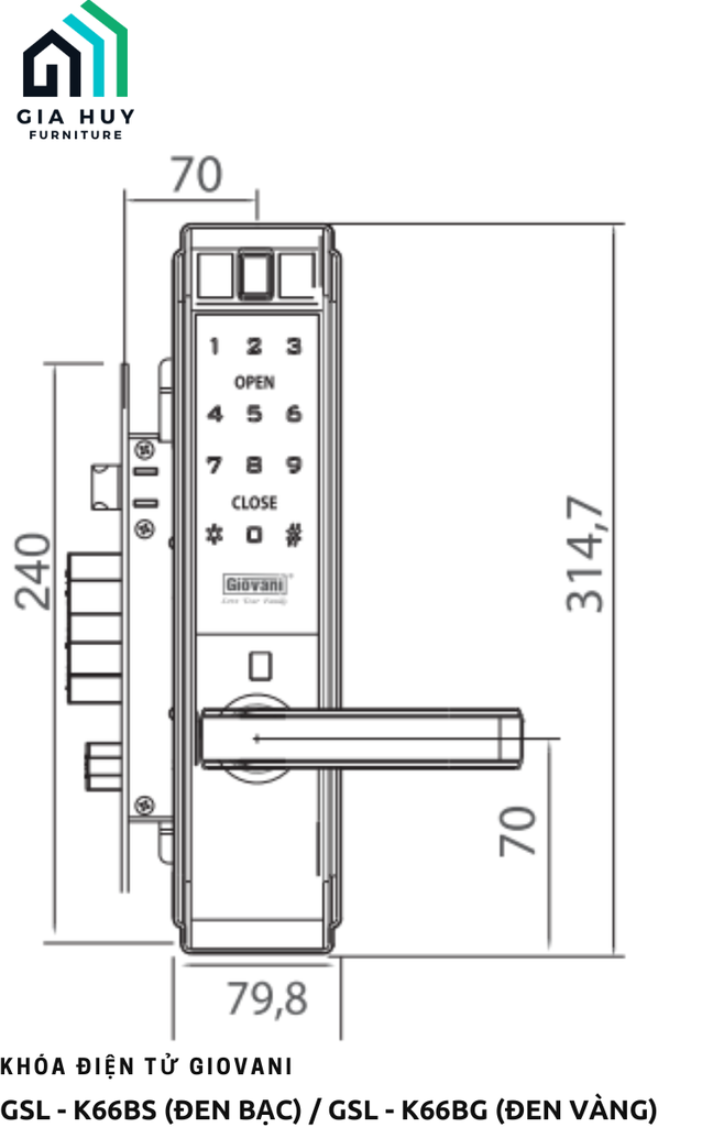 Khóa điện tử Giovani GSL - K66BS (Đen bạc) / GSL - K66BG (Đen vàng) / GSL - K66FG (Vàng)