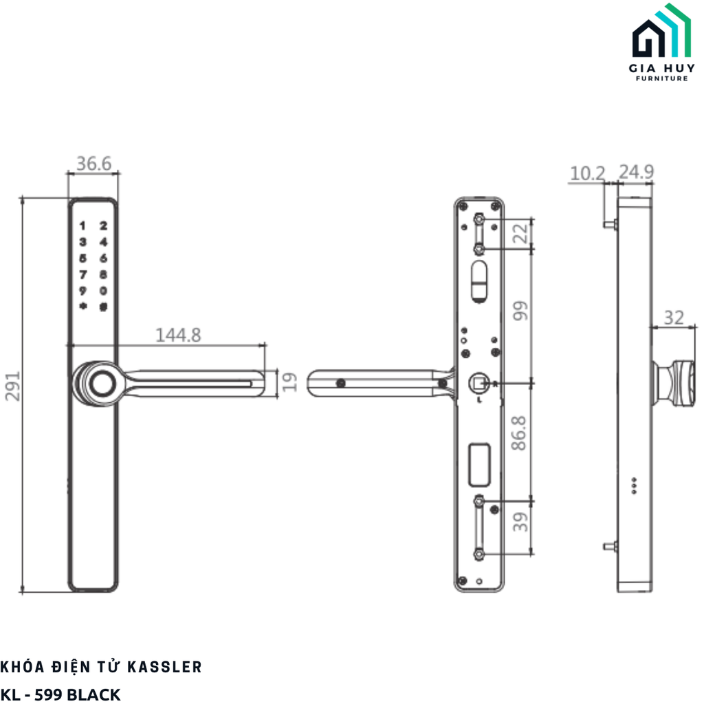 Khóa điện tử Kassler KL - 599 BLACK mở khóa bằng APP điện thoại thông minh (Chuyên dụng cho cửa nhôm Xingfa, sắt)