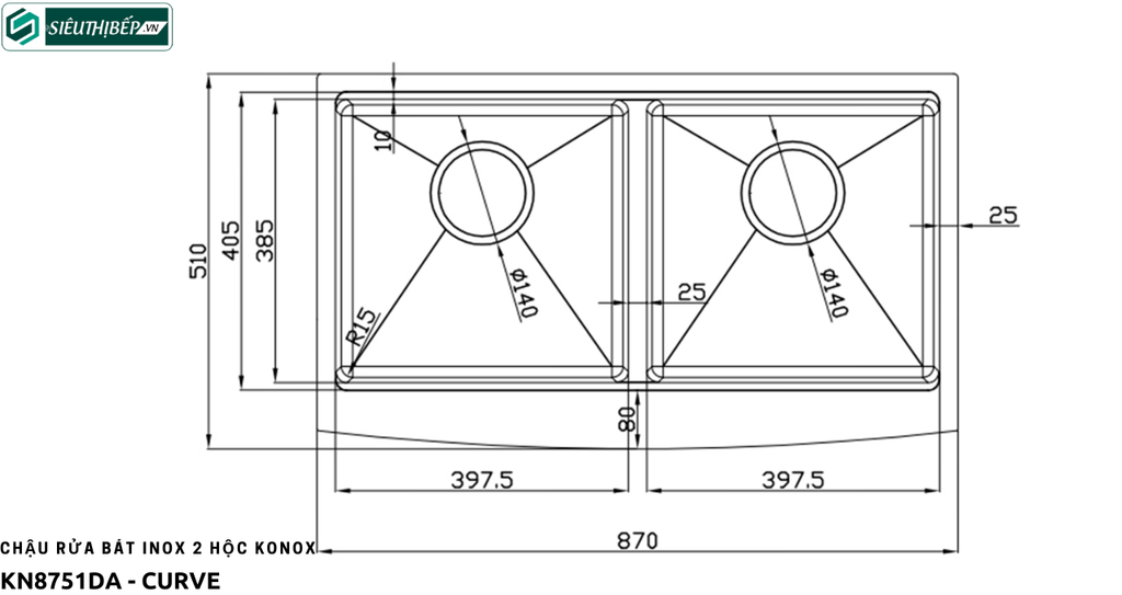 Chậu rửa bát Konox KN 8751DA - Curve (Inox 2 hộc đều)