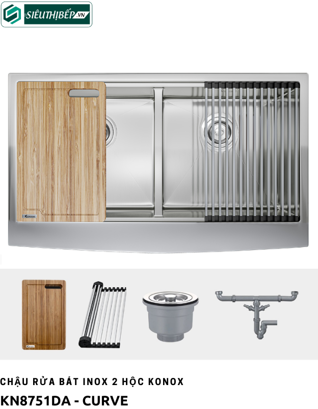 Chậu rửa bát Konox KN 8751DA - Curve (Inox 2 hộc đều)