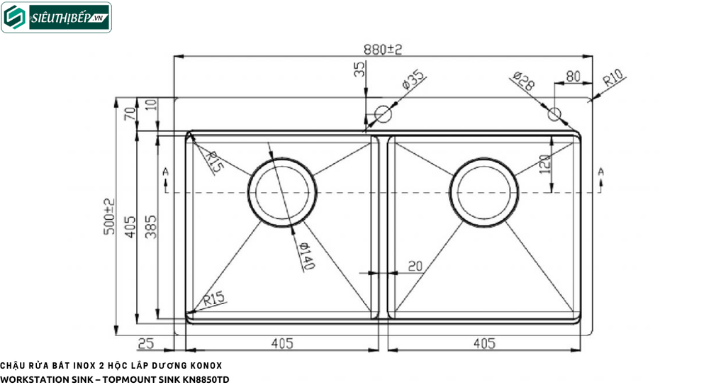 Chậu rửa bát Konox KN 8850TD (Inox 2 hộc lắp dương)