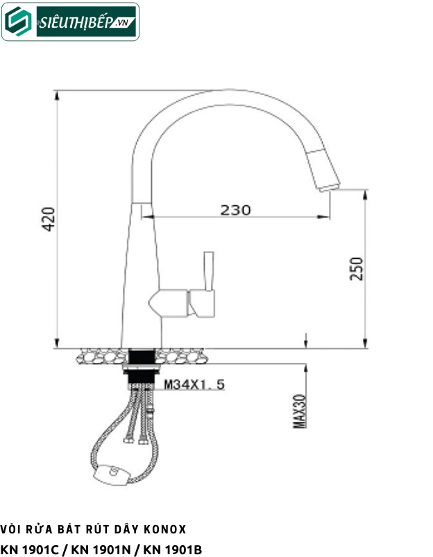 Vòi rửa bát Konox KN 1901C / KN 1901N / KN 1901B (Rút dây nóng lạnh)