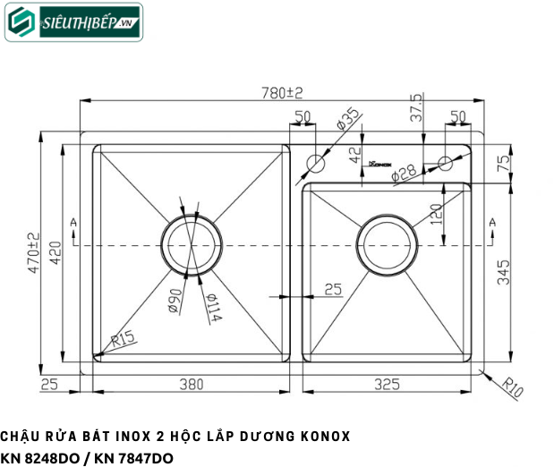 Chậu rửa bát Konox KN 8248DO / KN 7847DO (Inox 2 hộc lắp dương)