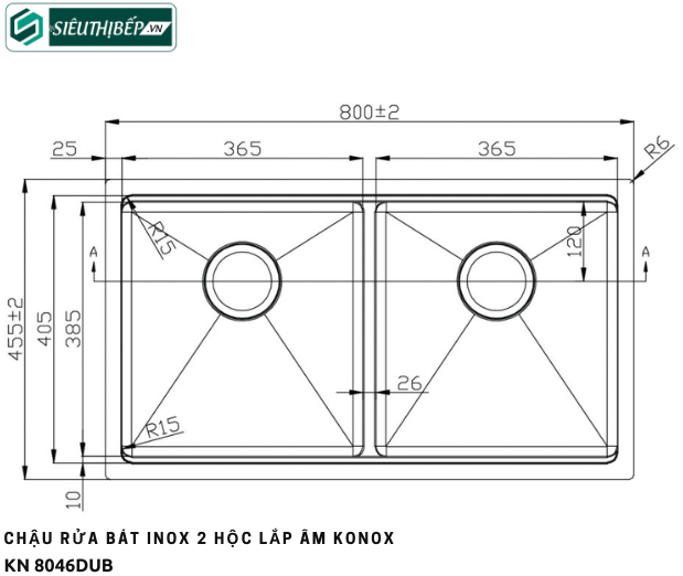 Chậu rửa bát Konox KN 8046DUB (inox 2 hộc đều)