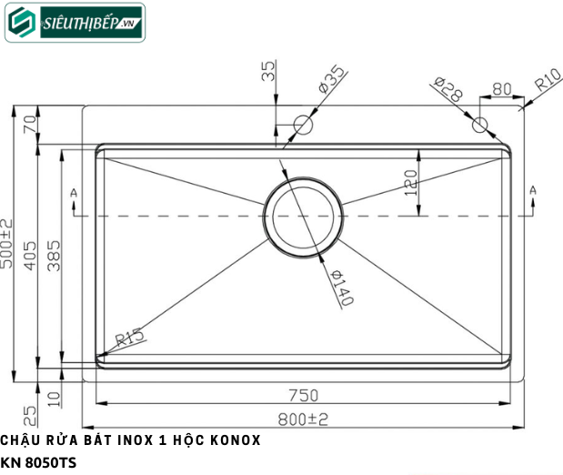 Chậu rửa bát Konox KN 8050TS (Inox 1 hộc - Lắp dương)