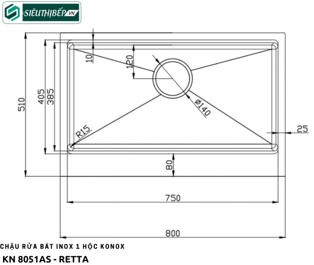 Chậu rửa bát Konox KN 8051AS - Retta (Inox 1 hộc)