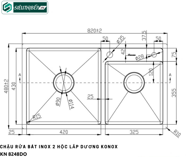 Chậu rửa bát Konox KN 8248DO / KN 7847DO (Inox 2 hộc lắp dương)