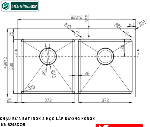 Chậu rửa bát Konox KN 8248DOB (Inox 2 hộc lắp dương)