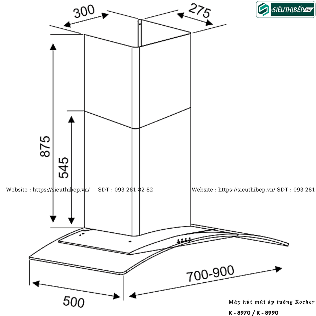 Máy hút mùi Kocher K - 8970 / K - 8990 (Áp tường, kính cong)