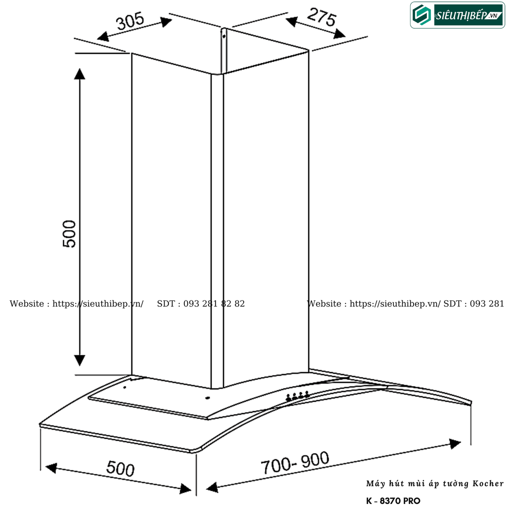 Máy hút mùi Kocher K - 8370 PRO (Áp tường, kính cong)