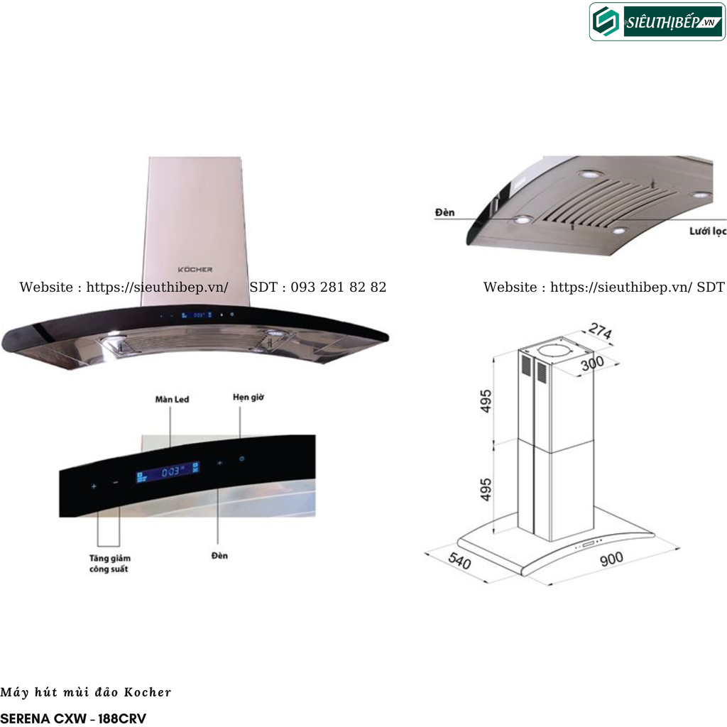 Máy hút mùi Kocher SERENA CXW - 188CRV (Đảo - Made in Malaysia)