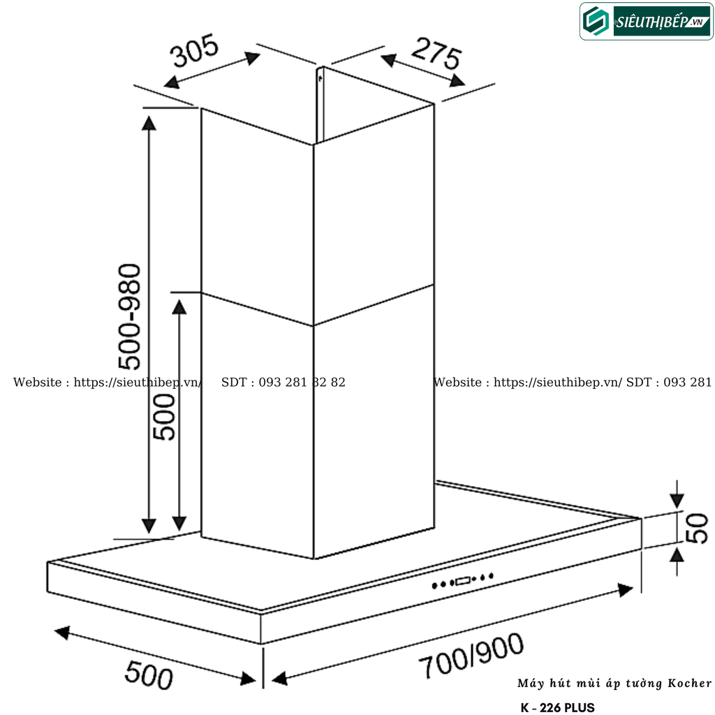 Máy hút mùi Kocher K - 226 PLUS (Áp tường, chữ T - Made in Malaysia)