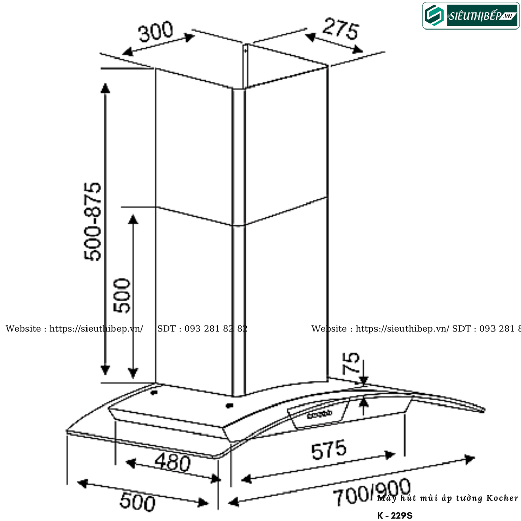 Máy hút mùi Kocher K - 229S (Áp tường, kính cong - Made in Malaysia)