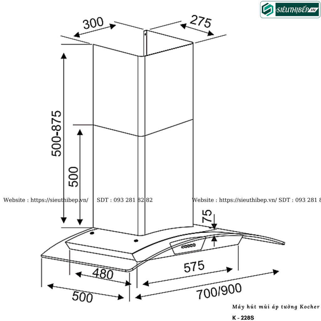 Máy hút mùi Kocher K - 228S (Áp tường, kính cong - Made in Malaysia)