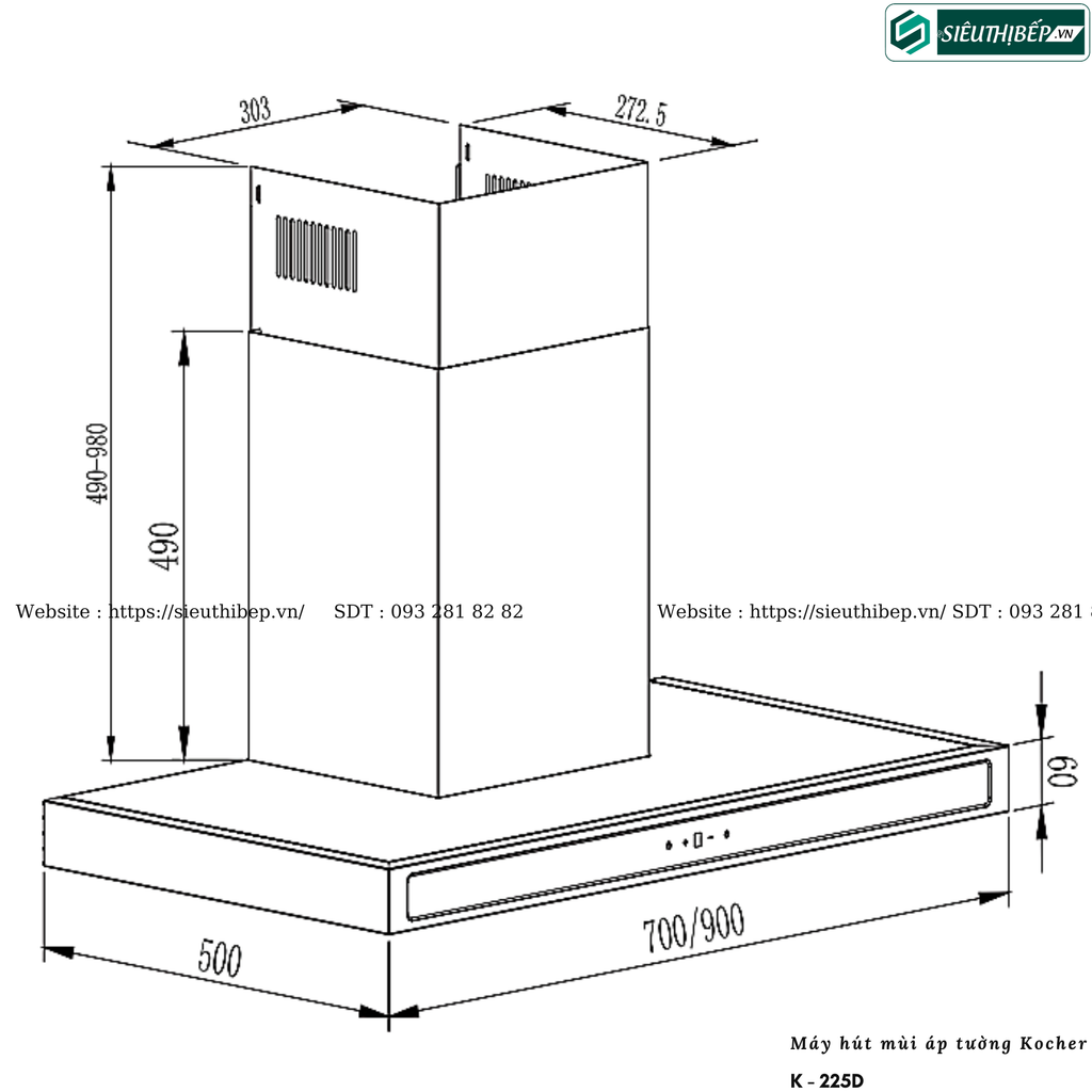 Máy hút mùi Kocher K - 225D (Áp tường, chữ T - Made in Malaysia)