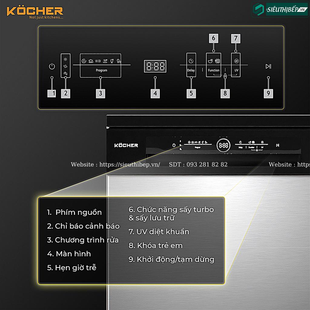 Máy rửa bát Kocher KDEU - 8828SEMI / KDEU - 8828BL Series 7 (Độc lập - 13 bộ bát đĩa Châu Âu)