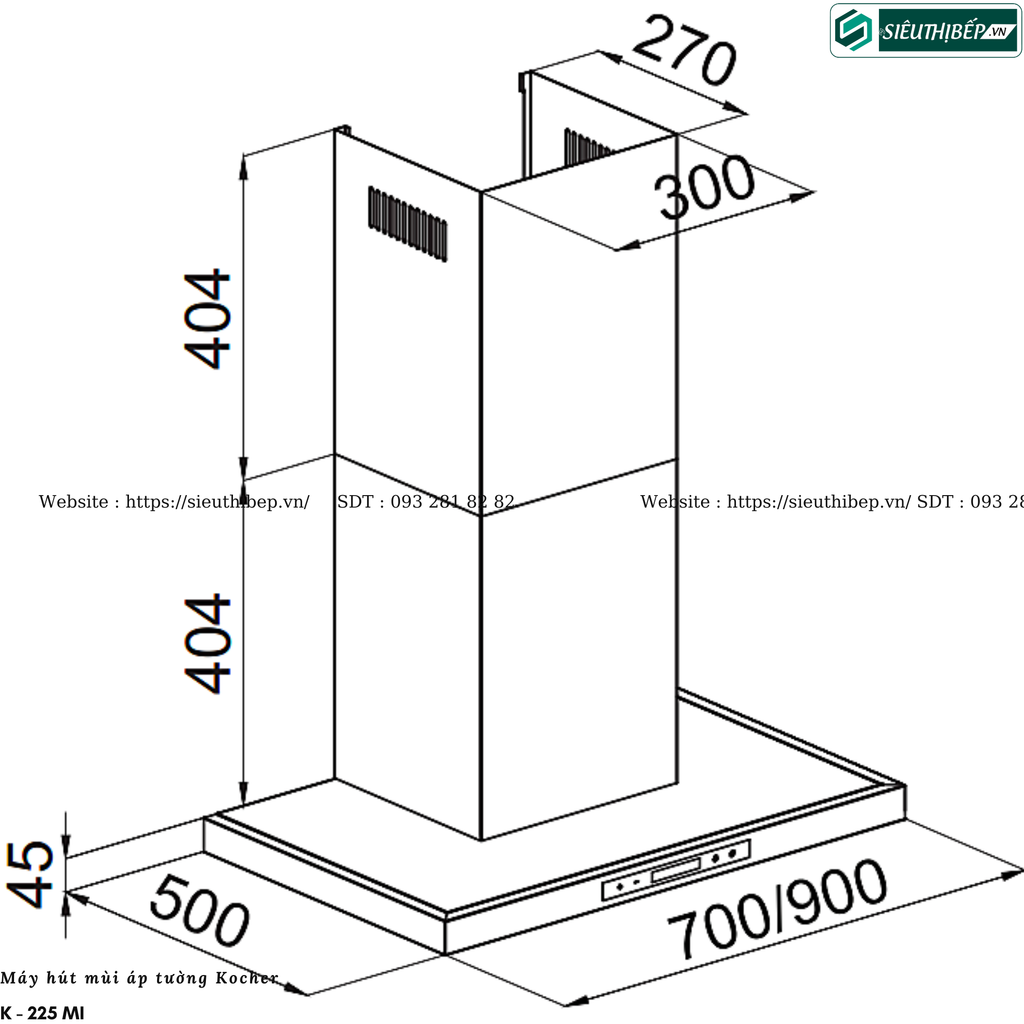 Máy hút mùi Kocher K - 225 MI (Áp tường, chữ T - Made in Malaysia)