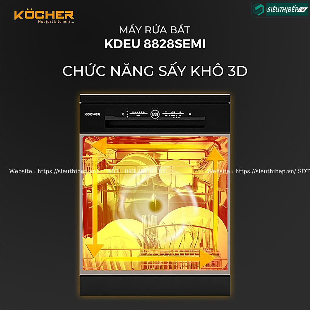 Máy rửa bát Kocher KDEU - 8828SEMI / KDEU - 8828BL Series 7 (Độc lập - 13 bộ bát đĩa Châu Âu)