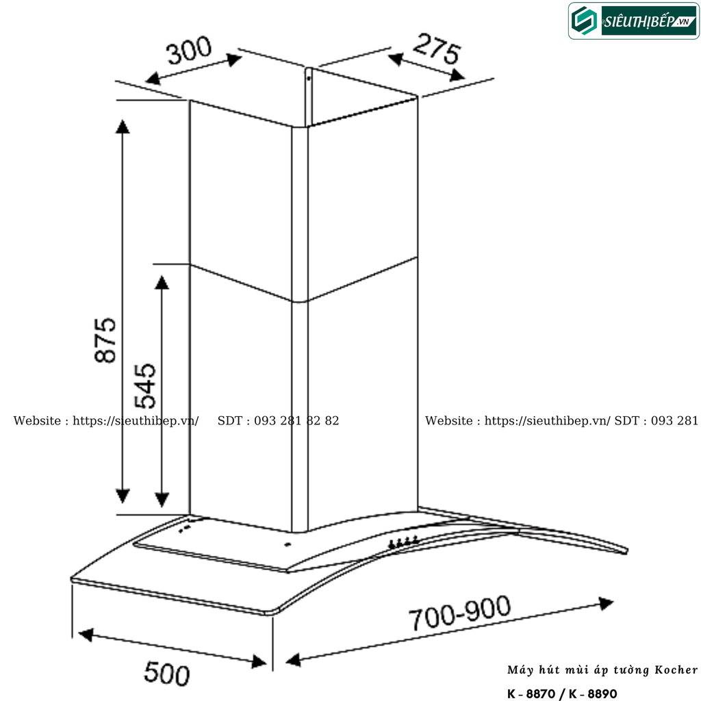 Máy hút mùi Kocher K - 8870 / K - 8890 (Áp tường, kính cong)