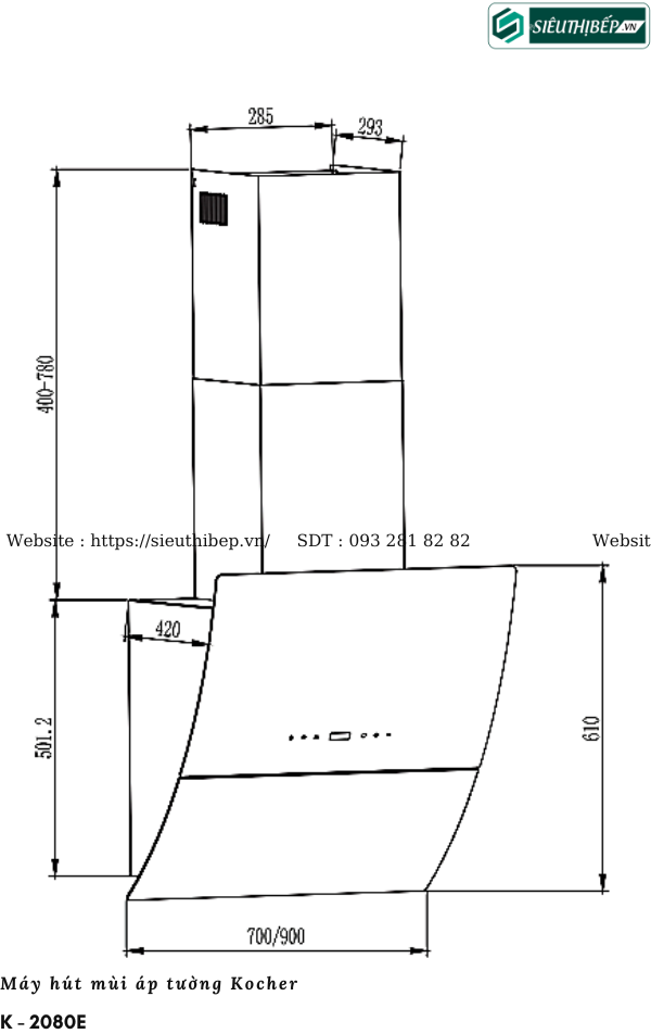 Máy hút mùi Kocher K - 2080E (Áp tường - Made in Malaysia)