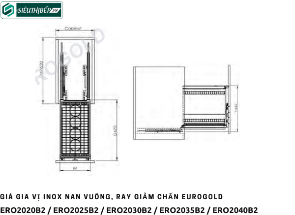 Giá gia vị Eurogold ERO 2020B2 / ERO 2025B2 / ERO 2030B2 / ERO 2035B2 / ERO 2040B2 (Inox nan vuông, ray giảm chấn)