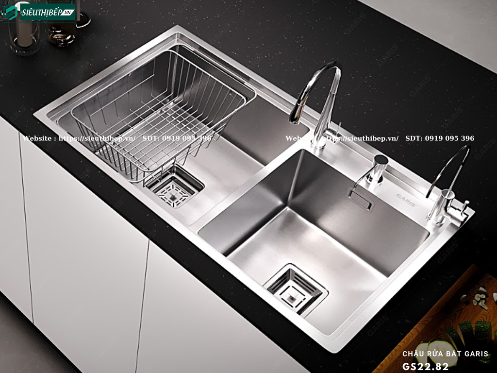Chậu rửa bát Garis GS22.82 (2 hộc lệch,Inox 304, bề mặt điện hóa xước mờ)