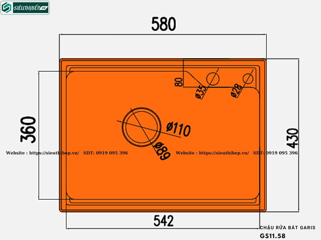 Chậu rửa bát Garis GS11.58 (1 hố nhỏ,Inox 304, bề mặt điện hóa xước mờ)