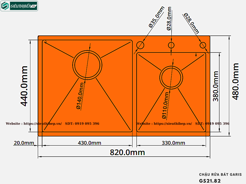 Chậu rửa bát Garis GS21.82 (2 hộc lệch,Inox 304, bề mặt điện hóa xước mờ)