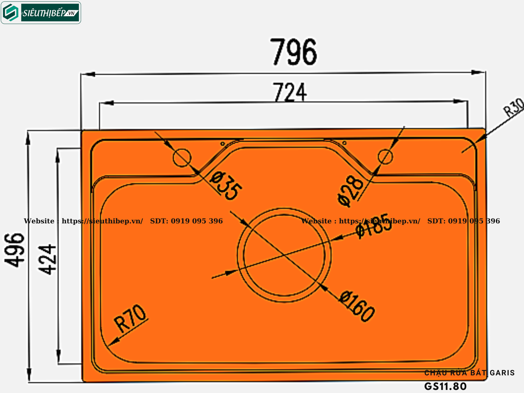 Chậu rửa bát Garis GS11.80 (1 hố to kiểu Nhật,Inox 304, bề mặt điện hóa xước mờ)
