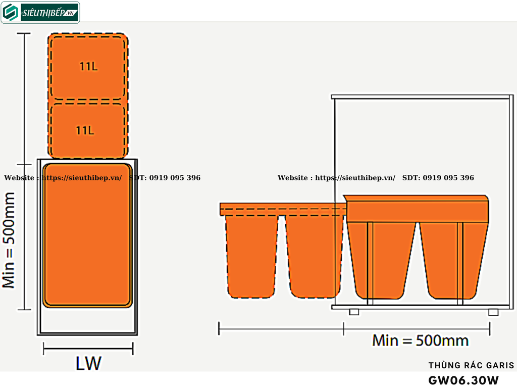 Thùng rác Garis GW06.30G / GW06.30W (Thùng đôi, cánh kéo, kích thước mặt cánh ≥ 300mm)