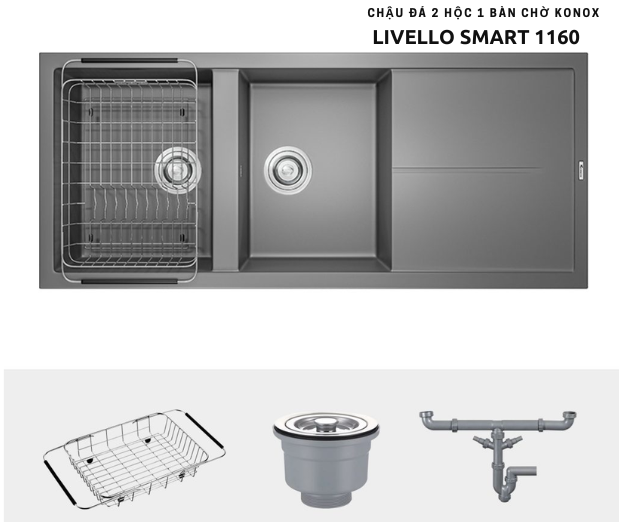 Chậu rửa bát đá Konox LIVELLO SMART 1160 (2 hộc 1 bàn chờ)