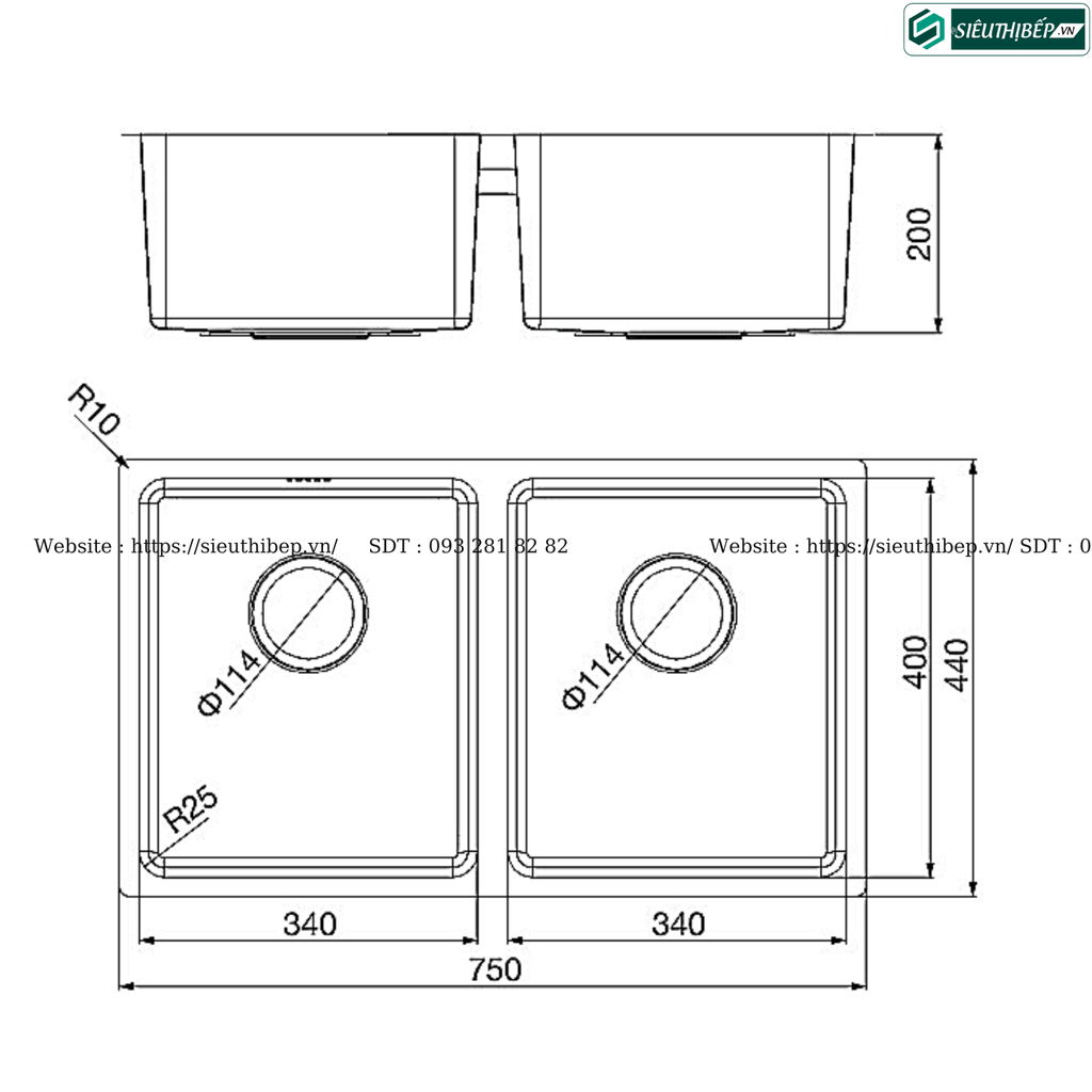 Chậu rửa bát Malloca MS 6075 (Chậu inox - 2 hộc lắp âm)