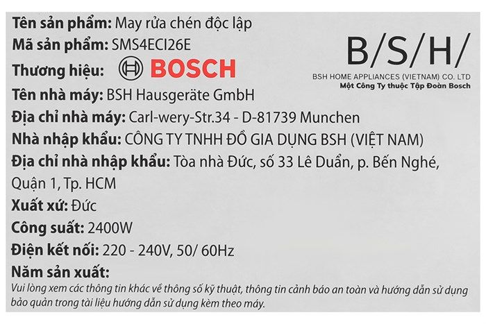 SMS4ECI26E Máy rửa bát Bosch độc lập home connect (Germany)
