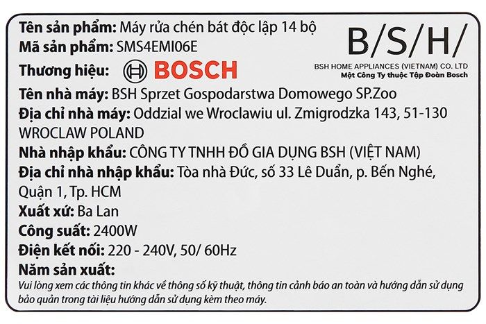 SMS4EMI06E Máy rửa bát Bosch độc lập tự hé cửa (Ba Lan)