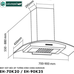 Máy hút mùi Eurosun EH - 70K20 / EH - 90K25 (Áp tường kính cong)