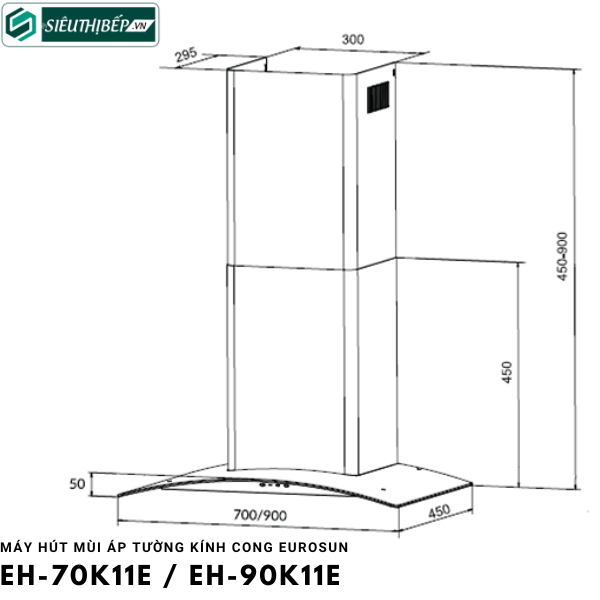 Máy hút mùi Eurosun EH - 70K11E / EH - 90K11E (Áp tường kính cong)