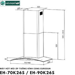 Máy hút mùi Eurosun EH - 70K26S / EH - 90K26S (Áp tường kính cong)