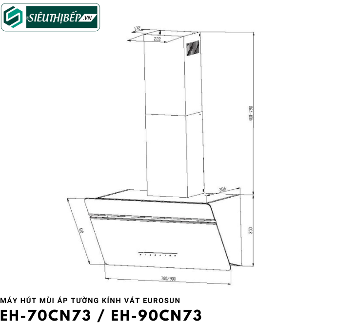 Máy hút mùi Eurosun EH - 70CN73 / EH - 90CN73 (Áp tường - Kính vát)