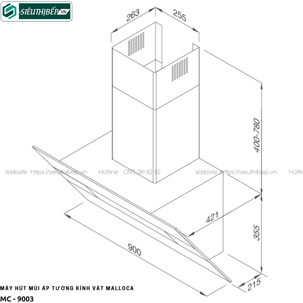 Máy hút mùi Malloca MC - 9003 (Áp tường - Kính vát)