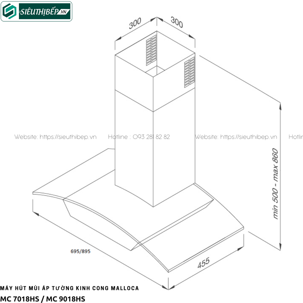 Máy hút mùi Malloca MC 7018HS / MC 9018HS (Áp tường - Kính cong)