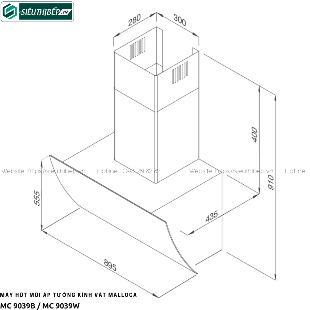 Máy hút mùi Malloca MC 9039B / MC 9039W (Áp tường - Kính vát)
