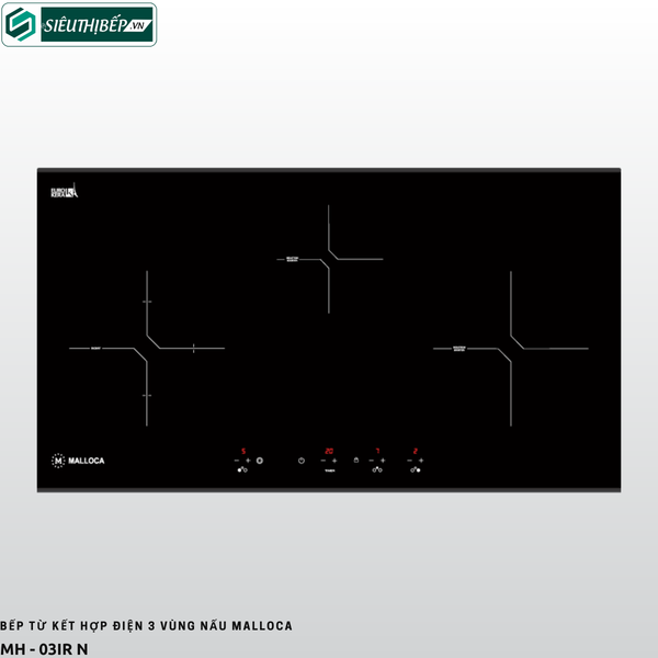 Bếp từ kết hợp điện Malloca MH - 03IR N (3 vùng nấu - Kính đen chấm bi chìm)