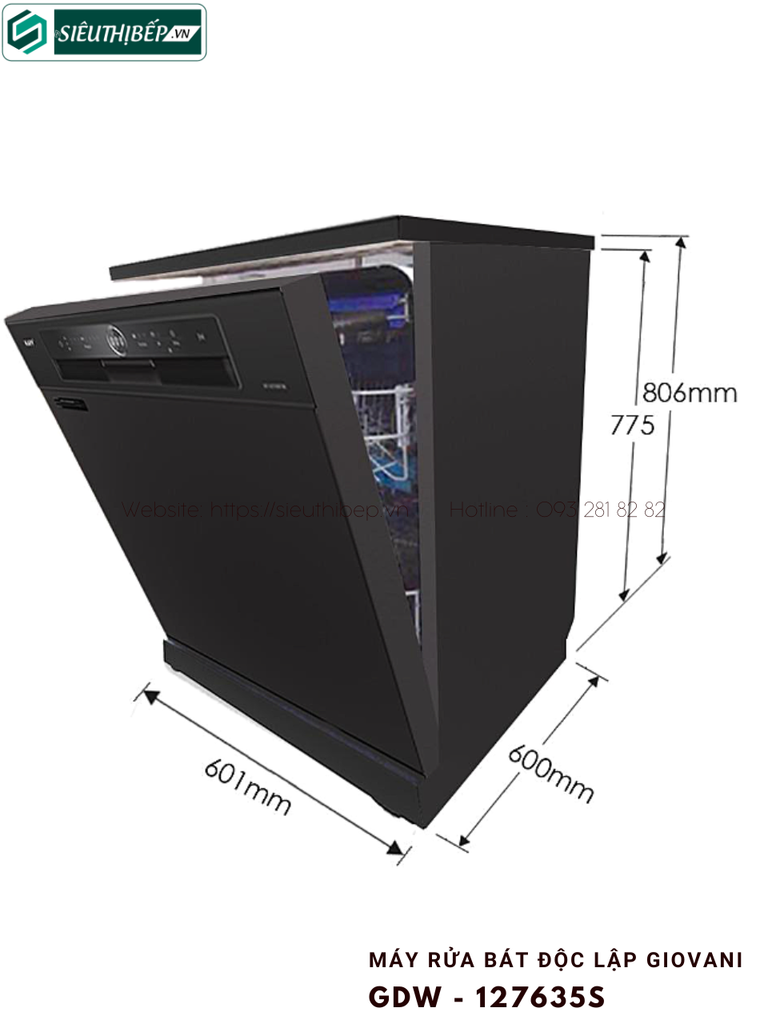 Máy rửa bát Giovani GDW - 127635S / GDW - 127635B (Độc lập - Made in Malaysia - New 2023)