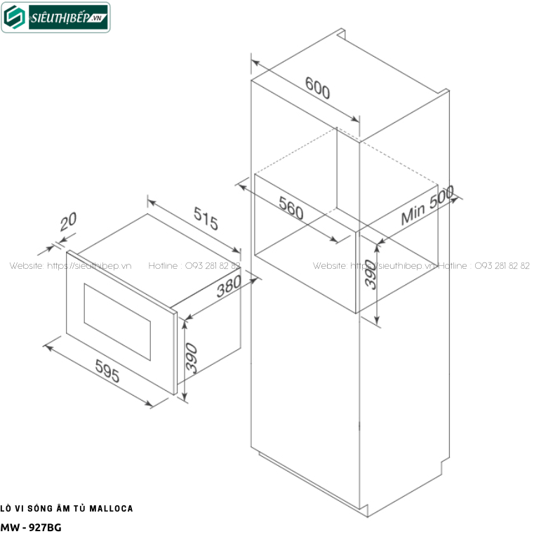 Lò vi sóng Malloca MW - 927BG (27 Lít - Âm tủ)